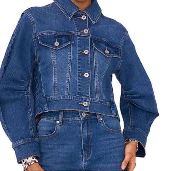 1. State Jackets & Blazers - Stylish Denim Point Collar Long Pleated Sleeve Button Front Jean Jacket